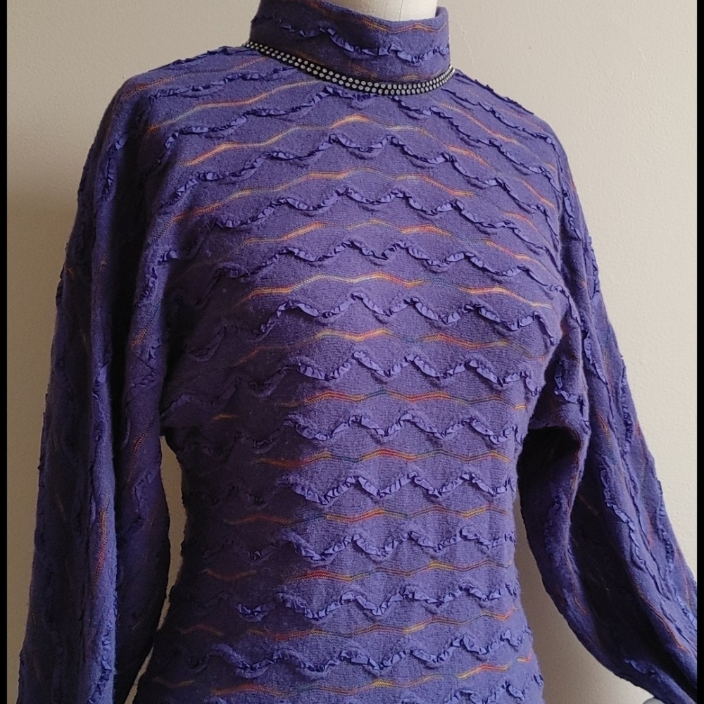 Vintage 80s Purple Long Shift Dolman Sleeves Dress with Texture - Picture 4 of 16